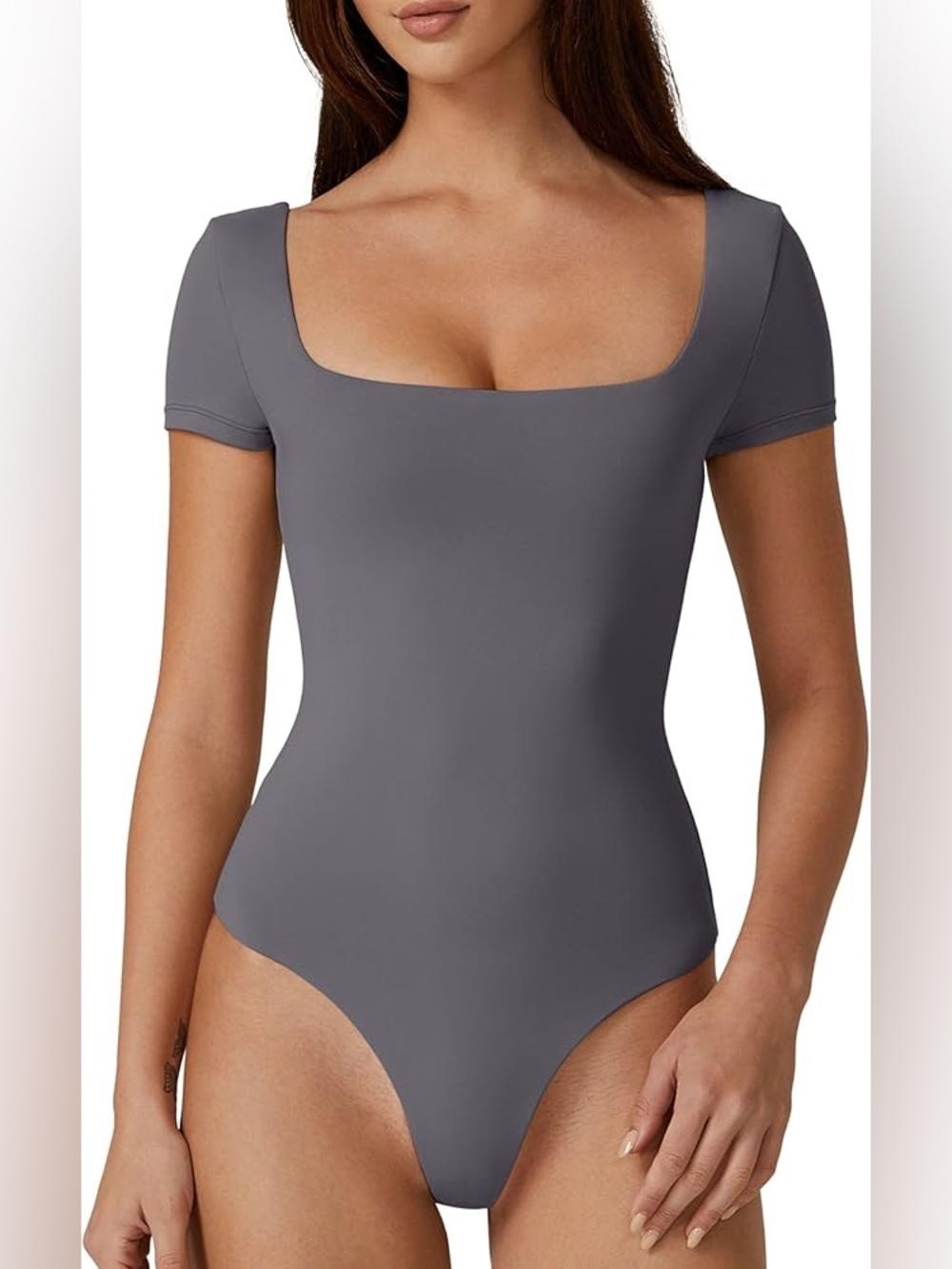 QINSEN Women's Square Neck Short Sleeve Double-Layer Bodysuit Size Medium